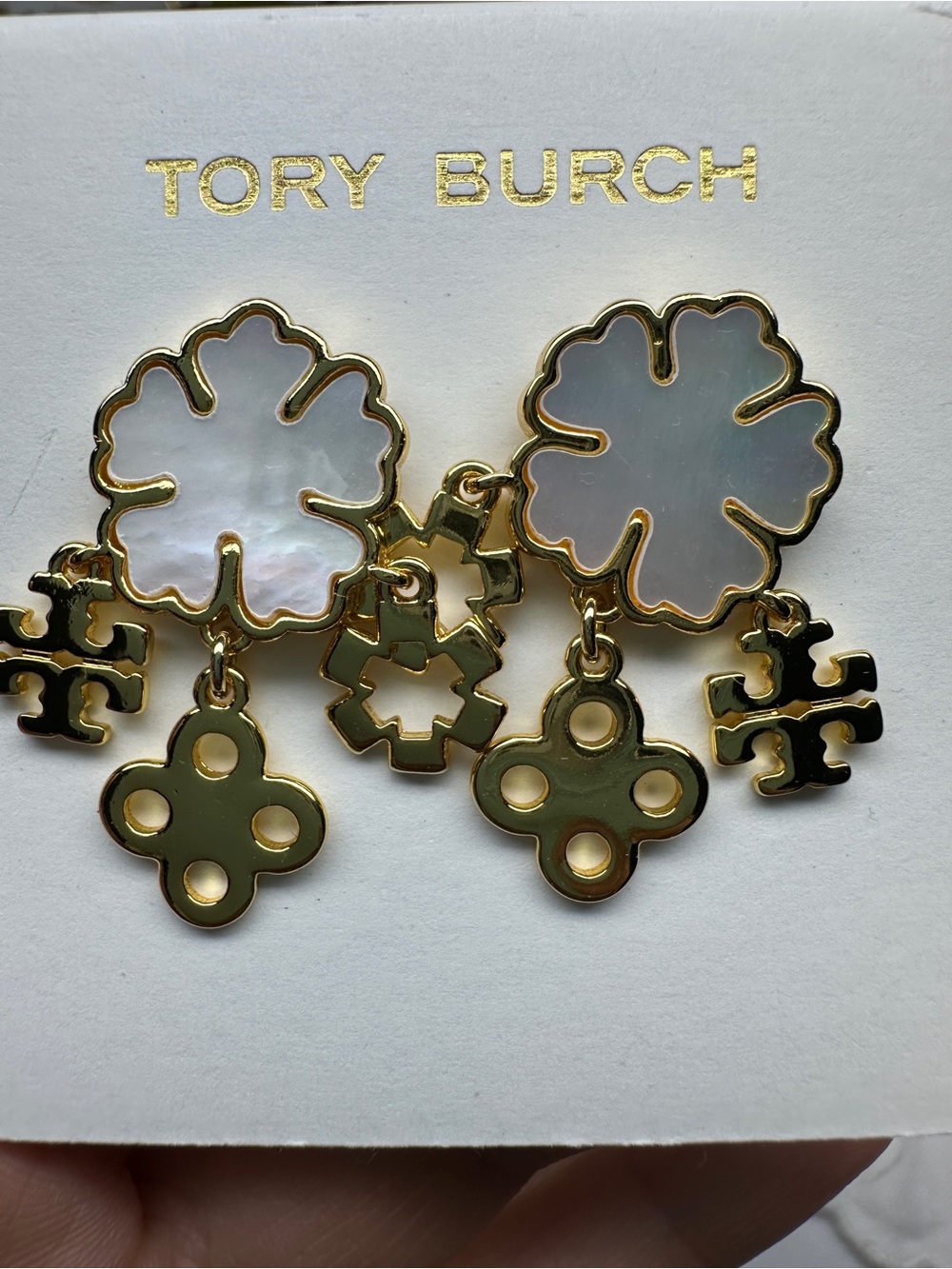 Tory Burch Gold-Tone Earrings with White Mother-of-Pearl Floral Drops